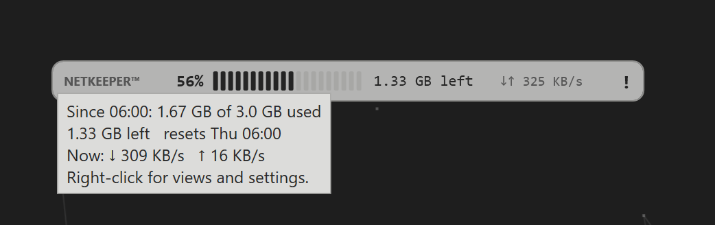 Bar view with a hover note giving the full figures: 1.67 GB of 3.0 GB used, 1.33 GB left, speed now